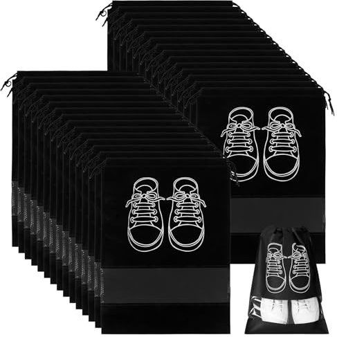 LDXDRU 30 Stück Große Schuh-Aufbewahrungstaschen, Kordelzug-Schuhbeutel mit transparentem Schlitz, Staubdicht Schuhtasche, Schuhbeutel Reise Wasserdicht, Tragbare Schuhbeutel für Reisegebrauch (Black)