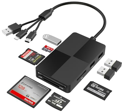 8-in-1 Memory Card Reader with 3 USB Ports, Lightning/USB-C/USB-A Adapter for iPhone/Android/PC/Mac, Supports SD/TF/MS/CF/XD Card & OTG for Photo/Video Transfer