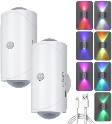 LED Nachtlicht mit Bewegungsmelder, RGB Kabellose Wandleuchte, Weiß, 2X | 7 Farben, Magnetischen Smart Nachtlicht Innen, Wiederaufladbare Wandlampe für Schlafzimmer, Flur, Treppe