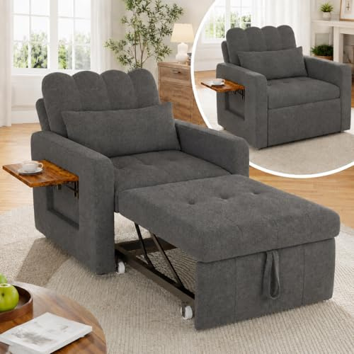 Konvertibel bäddsoffa 3-i-1, fåtölj med bädd- och vardagsrumsfunktion, bekväm soffa med justerbart ryggstöd, 1-sits bäddsoffa med bord och sidfickor, gästsäng (grå)