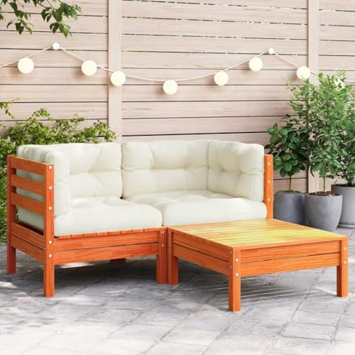 Runheo Gartensofa mit Kissen und Hocker, 2-Sitzer, aus massivem Kiefernholz, bequemes Loungeset für Terrasse und Garten, cremefarbene Kissen