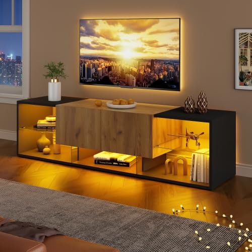 Merax Meuble TV avec éclairage LED – Meuble bas de 160 cm pour TV jusqu'à 70 pouces, noir, avec 2 tiroirs et étagère en verre, meuble TV moderne pour salon et chambre à coucher