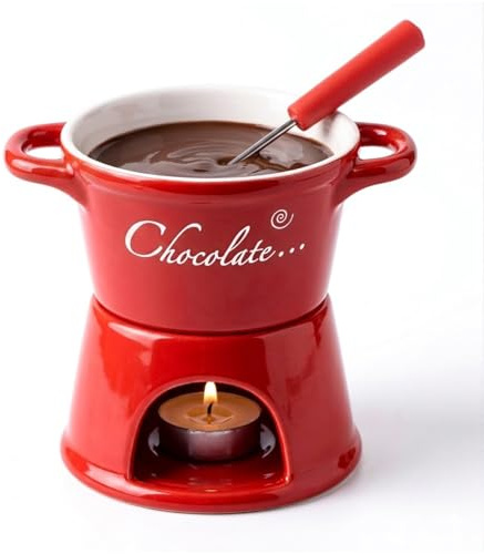 TopHomer Ceramic Chocolate Fondue Set,300ml Chocolate Melting Cup with Fork, Cheese Warmer Cup with Candle,Butter Fondue Heated,Gift for Date Night Birthday Wedding (Red,no Candles)