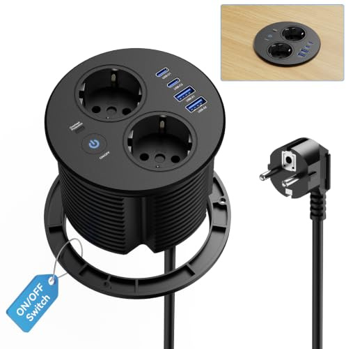 Prise Encastrable Plan de Travail avec USB C PD 20W et Interrupteur, Multiprise Encastrable Bureau, Bloc Prise Escamotable avec 1,8M de Câble pour Cuisine Bureau Meubles