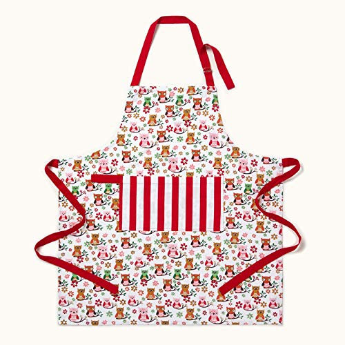 HOMESCAPES - Pure Cotton Unisex Apron with Pocket - Owls - Red Blue - 80 x 85 cm - Fully Coordinated Washable Kitchen Linen