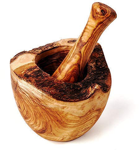 DAS OLIVENHOLZBRETT® / Mörser und Stößel aus Olivenholz/im Naturschnitt und mit Rindeteilen am Rand/Mörser & Stößel Set/Holzmörser/Kräutermörser/Gewürzmörser ca.12cm