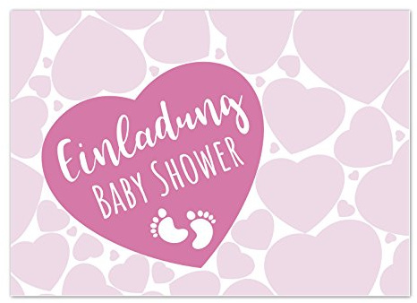 8 x Einladung Baby Shower Party/Einladungskarten mit Umschlag im Set/Motiv: Viele Herzen - rosa Mädchen/Babyparty Karte/Postkarte /