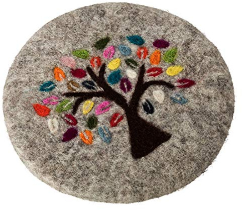 Maharanis Lebensbaum FAIRTRADE Tree of life handgefilzter Untersetzer 21 cm graumeliert bunt bestickt, 21 cm, Grau Meliert