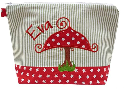 bestickte Tasche GLÜCKSPILZ + NAME //rot - grün//Kulturtasche Wickeltasche Windeltasche Kulturbeutel Wasch-tasche Bag 20 Schriftarten Geschenk