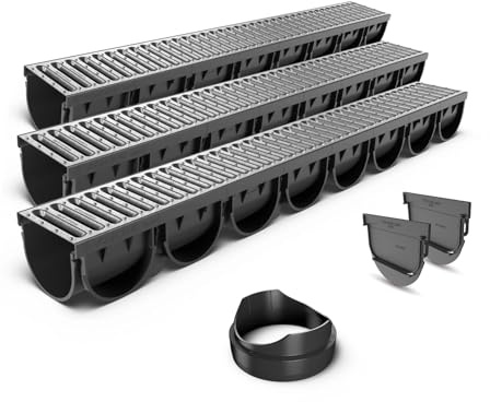 Canaletas de Desagüe Easy 3 con Rejilla de Acero - Kit de 3 Metros para Drenaje de Jardín, Aguas Pluviales y Terraza - Canaletas Galvanizadas VODALAND para Recoger Agua de Forma Eficaz y Oculta