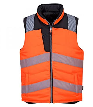 Portwest PW374 PW3 Men's Hi-Vis Reversible Bodywarmer - Reflective High Viz Outdoor Safety Security Gilet Workwear Sleeveless Vest, Orange/Black, L