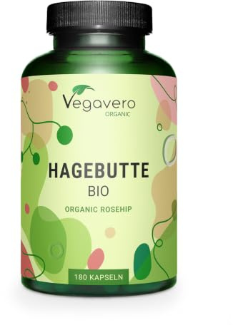 Vegavero Bio Hagebutten Kapseln hochdosiert 180 Stück - 700 mg Hagebuttenpulver pro Kapsel - Rohkostqualität aus Bio Hagebutte mit Schale & Kernen - Vegan, ohne Zusatzstoffe.