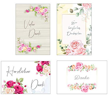 4 Premium Dankeskarten (Klappkarten) mit 4 weißen Umschlägen, Danke, Dankeschön, Karten, Dankekarten, Hochzeit, Geburt, Baby, Taufe, Abschied, 3eburtstag, Jubiläum Blumen Blumenmotiv