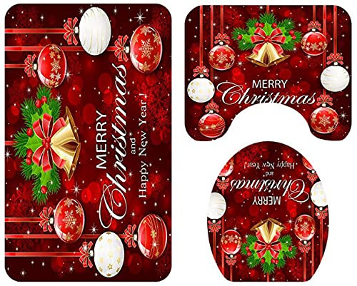 ZESLIV 3Tlg Set Badematte Weihnachten Deko Badvorleger Toilettenmatte Badgarnitur rutschfest Badteppich Badezimmerteppich Deckelbezug WC-Vorleger mit Ausschnitt rutschfest Waschbar