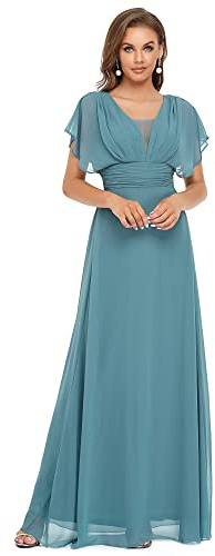 Ever-Pretty Robe de Bal Soirée Col V  sans Manche Taille Empire A-Line Mousseline de Soie Femme Bleu fumé 38