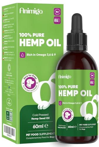 animigo Aceite de Cáñamo 100% Puro para Perros 60ml - Calmante y Antiestrés, Fuente de Omega 3, 6 y 9, Mejora el Sueño y Cuida Sus Articulaciones, Piel y Pelo, Sin Sabor y Muy Fácil de Usar