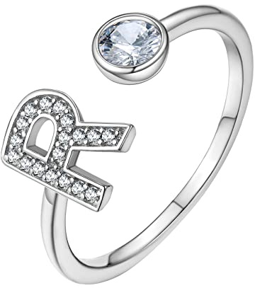 GoldChic Einstellbarer Offener Buchstaben Ring 925 Sterling Silber Initialen Alphabet mit Zirkonia Stapelbarer A-Z Glücksbuchstaben Ring Siegelring in Weißgold Ringgröße 51.8（16.5）- 67.2（21.4）