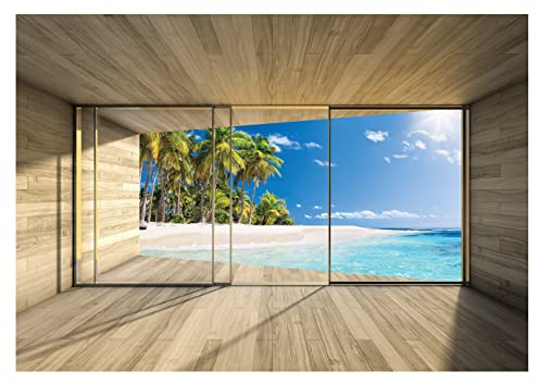 WallArena Fototapete 3D EFFEKT Fenster mit Aussicht Strand Meer Karibik Palmen Wohnzimmer Schlafzimmer Vlies Tapete inklusive Kleister Wandtapete UV-Beständig Montagefertig (312x219 cm - 3 Bahnen)