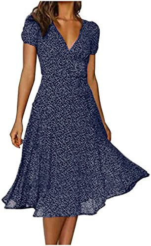 AMhomely Summer Dresses for Women UK Clearance Elegant V-Neck Bandage Dot Print Casual Short Sleeve Dresses for Special Occasions Ladies Maxi Dresses Plus Size Petite Sexy Dress UK Size, Navy 1, 14
