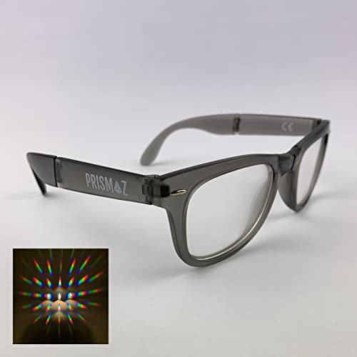 PRISMAZ Faltbare Beugungsbrille Für Fantastische Regenbogen Kaleidoskop Effekte - Als Festival Rave Feuerwerk Party Accessoire (Matt Transparent Grau)