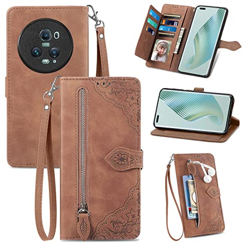 MOJIA Geldbörse Hülle für Honor Magic5 Pro (Magic 5 Pro) 5G, Sanft PU Klapphülle Handyhülle, Stoßfest Schutzhülle mit Handschlaufe Kartenfach und Standfunktion. Braun