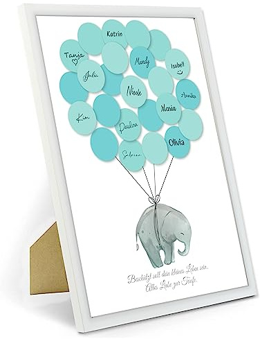 Babyparty Gästebuch Baby Shower Set Gastgeschenk Pullerparty Erinnerungsstück/Andenken beschreibbar/Fingerabdruck mit Bilderrahmen (Weiss - Elefant Blau)
