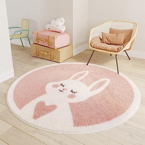 iyoimono Rosa Hase Teppich Rund 160cm Kinderteppich Baumwollteppich Groß Teppich Waschbar Vintage Teppich für Kinderzimmer Schlafzimmer Wohnzimmer Küche Indoor Outdoor
