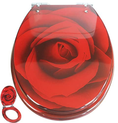 JUNNIU Toilettendeckel, Toilettendeckel mit Absenkautomatik, Ideale Standard WC-Sitze mit Verstellbaren Quick-Release Scharnier für Einfache Reinigung, Ovaler Toilettensitz-WC Deckel Motiv: Rose