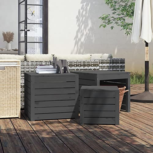 Homgoday 3-TLG. Gartenbox Kissenbox mit Stauraum Holztruhe mit Deckel Garten Auflagenbox Gartentruhe Gartenkiste Auflagentruhe für Balkon Garten Terrasse Grau Massivholz Kiefer