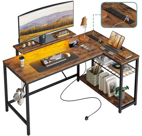 Bestier 132.5CM L-Shaped Desk with 3 Power Outlets & 2 USB Ports, LED Strip Lights – Reversible Corner PC Workstation with Shelves & Hooks for Home Office & Bedroom