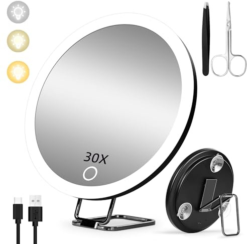 30x Magnifying Mirror With Light, Large 6 Rechargeable Lighted With Suction Cups & Table Stand, 3 Color Modes Dimmable Light up Travel Makeup High Magnification