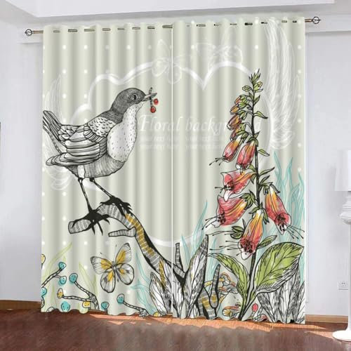 VULORA Kindervorhänge 3D Vogel Blume Blickdichte Gardinen Schmetterling Verdunkelungsvorhang mit Ösen für Jungen Mädchen Schlafzimmer Wohnzimmer Thermo Vorhänge 100x95cm(BxH), 2er Set