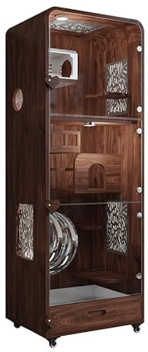 WAOCEO Katzenvilla, Katzenschrank, Katzenhaus - Katzenbett aus Aluminiumlegierung, Hochauflösendes Glas, Laufrad aus Edelstahl, Frischluft-Funktion - Schwarz, One Size