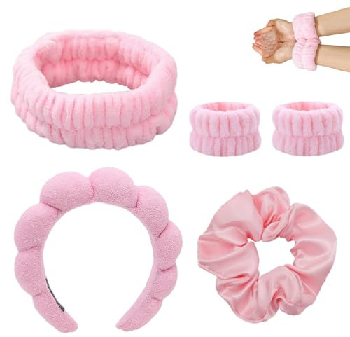 5 Stück Schwamm Stirnband Set, Skincare Headband Mit Handgelenksriemen, Make Up Haarband, Spa Frottee Stoff Stirnband Zum Entfernen Von Makeup, Duschen, Gesichtsmasken