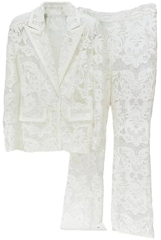 Damen Blazer mit Kerbkragen, lässig, mit einem Knopf, Spitzen-Blazer, Schlaghosen-Set, weiß, X-Large