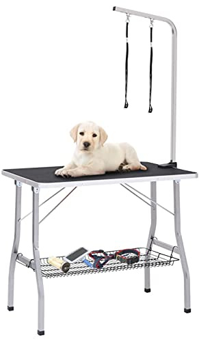BAZZI Verstellbarer Trimmtisch für Hunde, Schertisch mit 2 Schlaufen und Korb, Frisiertisch, Hundefriseur Tisch, Hunde Frisiertisch für Haustiere, Hundesalon mit Rollen