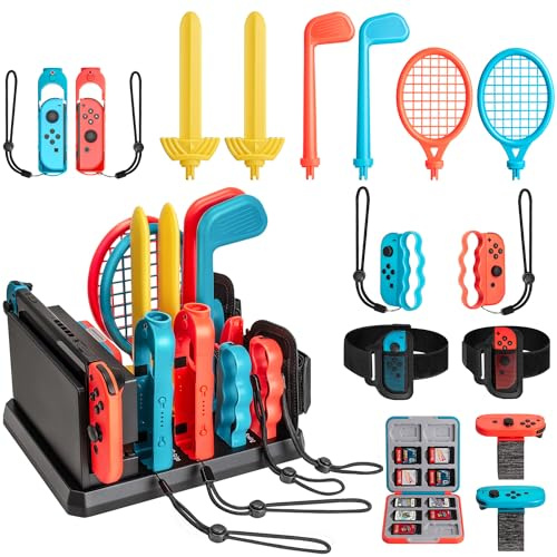 Tendak 16in1 Switch Sport Zubehör Set für Nintendo Switch/Switch OLED, Switch Sport Spielzubehör Kit mit Golfschläger/Badminton-Tennisschläger/Armbändern/Beingurt/Schwert/Boxgriffe/Organizer-Ständer