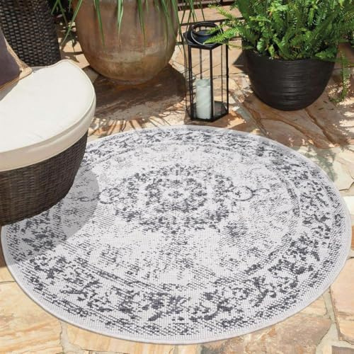carpet city Outdoor Teppich Wetterfest 160 cm Rund - Grau - Wendeteppich, Beidseitiges Ornamenten Muster - Balkonteppich Wasserfest Outdoor - Terrassenteppich