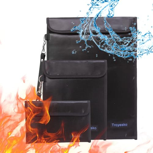 Troyesko Feuerfeste Sicherheitstaschen, feuerfeste Dokumententasche, Feuer- und Wasserumschläge für A4, A5, Dokumentenhalter, Akte, Bargeld, Schmuck, Reisepass, Tablet, Laptop, Schwarz, 3 Stück