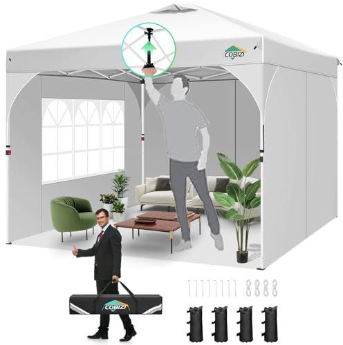 COBIZI Gazebo Pieghevole 3x3 Impermeabile | Gazebo Campeggio con Prese d'aria, Tubi Fluorescenti e 4 Sacchi di Sabbia, UPF 50+,Bianco