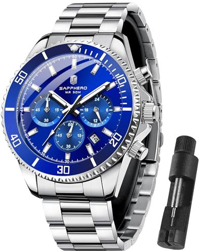 SAPPHERO Uhren Herren Chronograph Analog Quarz 50M Wasserdicht Armbanduhr Herren Mode Lässig Business Herrenuhren mit Kalender Edelstahlarmband Uhr Geschenk für Männer