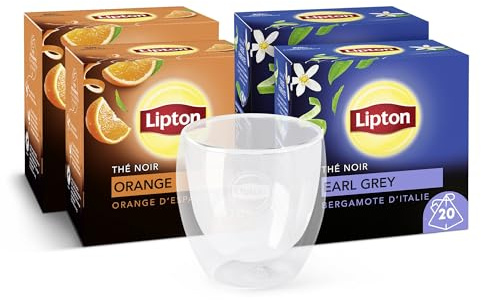 Lipton, Lot de 4 Pack Thés Noirs + une tasse : Thé Noir Earl Grey (2x20 sachets) et Thé Noir Orange (2x20 sachets), 80 Sachets