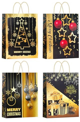 M&W DasDesign Weihnachtliche Geschenkpapier-Tüten Set 12er Pack Geschenkbeutel mit 4er Motiven, ideal für Weihnachtsgeschenke, Weihnachtstüten mit Griffen, Geschenktaschen Groß, 24x18x8.5cm (HxBxT)