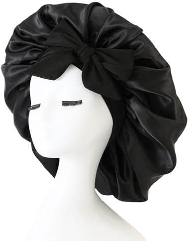 iLamvie Cuffia Seta Capelli Ricci,Silk Bonnet,con Nastri Regolabili,Berretto Da Notte Raso Elastico Per Dormire Cappello Da Notte Per Donna Berretto Da Notte Raso Per Donna Ragazza(Nero)