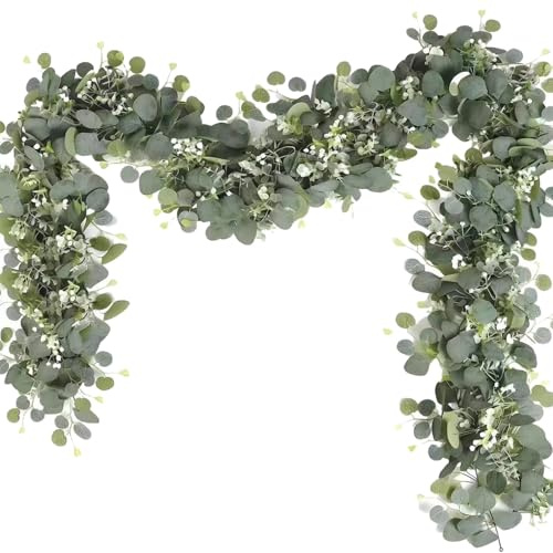 Enjoyaa 2 guirnaldas verdes de 5.9 pies, guirnalda de hojas de eucalipto artificiales con flores blancas, vides verdes de plástico, hojas de eucalipto sintético, vides para fiestas, bodas, decoración