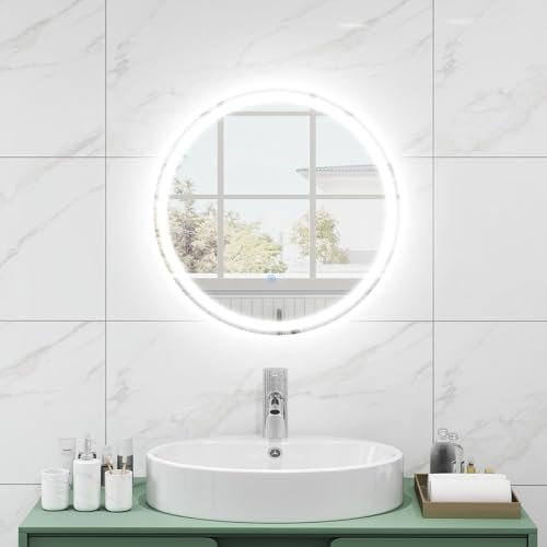 FANTASK Specchio da bagno a LED con illuminazione, 60 cm, rotondo, anti-appannamento, da parete, dimmerabile, con interruttore touch e funzione memoria, specchio a LED per bagno, 60 L x 60 B, colore