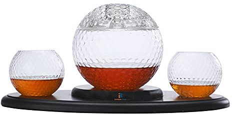 Carafe à décanter à whisky avec motif balle de golf 1000 ml en verre et 2 verres pour scotch, rhum, bourbon, vodka, liqueur, accessoires