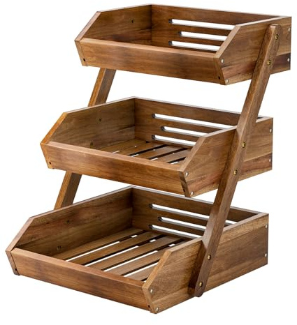 CALM COZY Cesta De Fruta De Madera De 3 Niveles, Cesta De Fruta De Madera De Acacia, Portahuevos Para Verduras, Cesta Para Pan, Portaverduras Para Encimera De Cocina