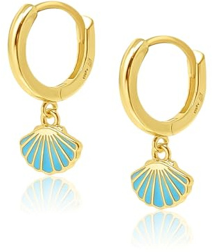 Mary & Jules Muschel Ohrringe hängend aus Sterling Silber 925, aus reyceltem Silber, Creolen Damen mit hübschem, türkisem Muschel Anhänger, für Frauen & Mädchen