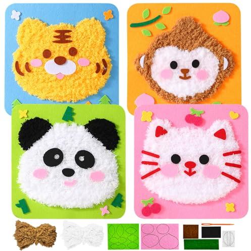 DIY Stickpuppen Set, 4 Stück Nähspass für Kinder, Tierformen Filz Nähen ab 3 Jahre,Anfängerfreundliche Plüschspielzeugnähung, Filz Waldtiere Bastelset,Nähset Für Kinder DIY Art Craft für kuscheltiere